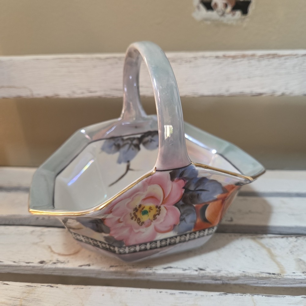 Vintage Lusterware Porcelain Basket with Hand-painted Floal Motif Japan Art Deco